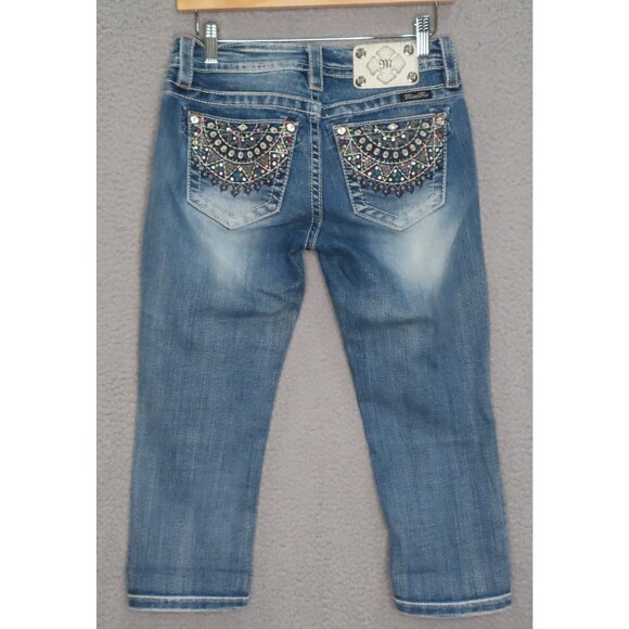 Miss Me Capri Jeans 26 Blue Embellished Bling Pockets Mid Rise Cuffed Denim - Picture 5 of 14